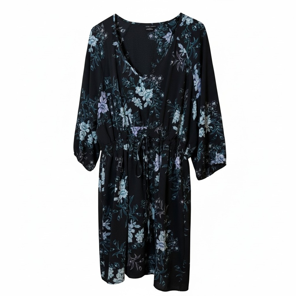 City Chic Women Dress M/18 Black Floral Drawstring Waist V-Neck Boho Whimsigoth